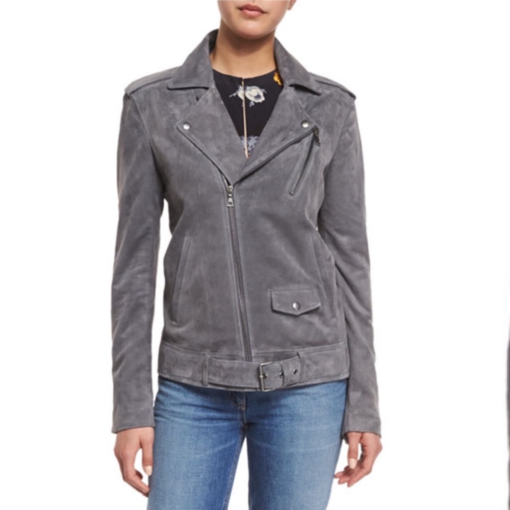 Theory Tralsmin Biker Jacket Tidle Suede Leather with silvertone hardware